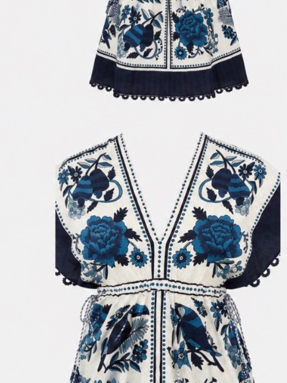 Farm Rio tropical blue white bird floral block print mini dress tassels Resort M - Picture 3 of 9